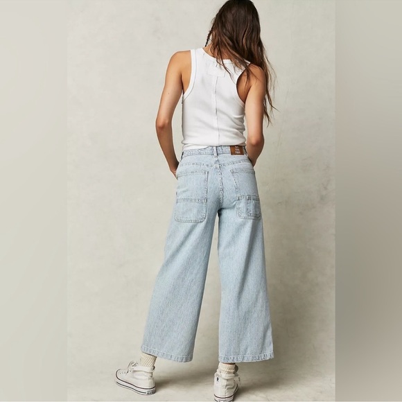 Free People Piper Striped Print Mid Rise Cropped Wide Leg Jeans - Picture 5 of 16
